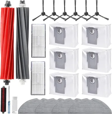 A collection of cleaning accessories for a robot vacuum cleaner, including brushes, filters, dust bags, and mop pads, laid out on a white background.