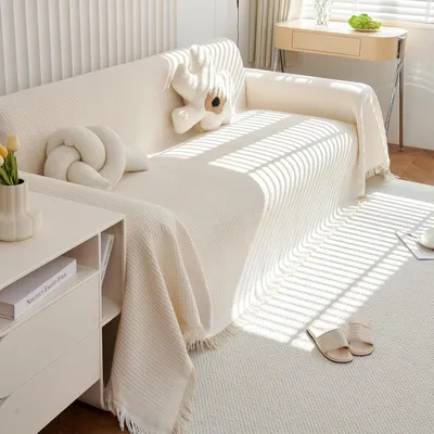 Produktbild von Große, cremeweiße Waffelpiqué-Decke mit zarten Fransen, waschbar, 180 x 230 cm, Sofabezug