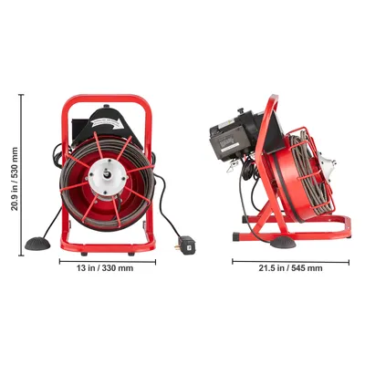 Two views of a red drain cleaning machine with a coiled cable.