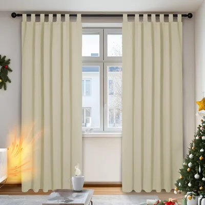 Produktbild von Deconovo Schlaufenschal Gardinen Verdunkelung Beige Spitze & Fertig Vorhang Blickdicht Thermogardine für Wohnzimmer Schlafzimmer 140x175cm (BxH) 2 Stücke