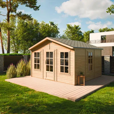 Image de TIMBELA M735 Abri de Jardin en Bois 370 x 360 cm, Cabanon Extérieur avec 3 Fenêtres en Verre Trempé, Porte Vitrée, Bardeaux Bitumés, Grande Cabane sans Plancher