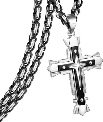 Image de Chaîne Croix Hommes Acier inoxydable Chaînes Byzantines Jésus Pendentif Noir Or 71cm