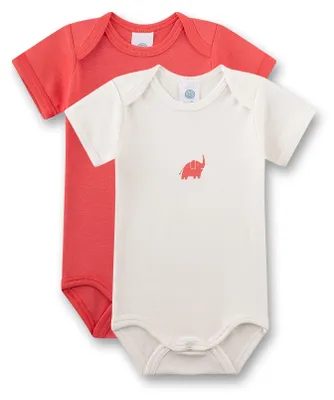 Productafbeelding van Sanetta meisjesbody, korte mouwen, beige/rood, met olifantprint | 2-delige set babybodies