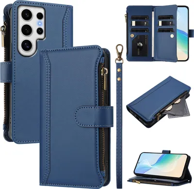 Obrázek produktu pro Pouzdro pro Samsung Galaxy S24 Ultra, zipem, peněženkovéPolyuretankožené flip pouzdro s kapsami na karty, stojánkem a poutkem na ruku modrý