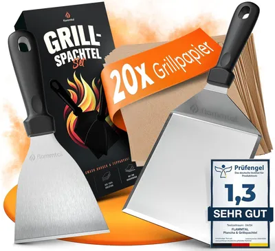 Zdjęcie produktu dla zestaw łopatek do grilla ze stali nierdzewnej flammtal - wysokiej jakości łopatka do planchy z 20-krotnym papierem do burgerów - łopatka do planchy i teppanyaki