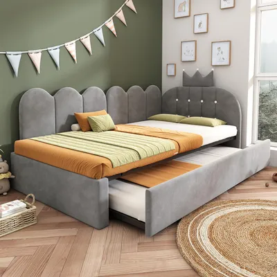 Produktbild von Flieks Kinderbett Schlafsofa 90x200cm mit Ausziehbett 90x190cm, Polsterbett Kinderbett mit Kopfteil in Kronenform, Tagesbett Daybed Samt, Grau