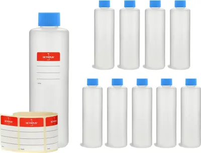 Produktbild von 10 Plastikflaschen 250 ml, rund mit blauen Deckeln (leer)