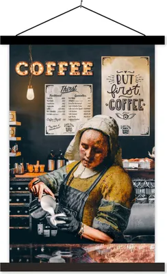 Produktbild von MuchoWow® Textilposter Milchmädchen - Barista - Kaffee - Vintage - Kunst - Abstrakt - Malerei - Alte Meister 40x60 cm mit schwarzem Rahmen - Wanddekorationen