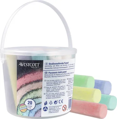 Produktbild von Westcott Straßenmalkreide Pastell | 20 Stück bunte Straßenkreide für Kinder im praktischen Transporteimer | leicht abwaschbar | geeignet für Asphalt, Tafel oder Stein | E-744985 00