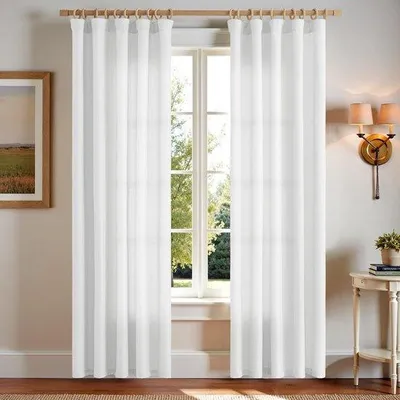 Obrázok produktu pre Unyqoos® Biele, čiastočne priehľadné záclony s volánovým páskom, vzhľad ľanu – 2-dielna sada, 140 x 225 cm, vhodné na panely, s diskrétnymi pútkami, ideálne do obývačky a spálne
