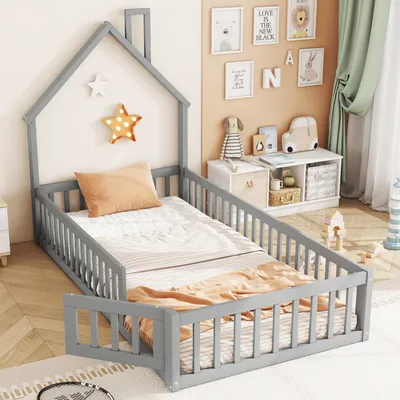 Produktbild von Flieks Kinderbett Hausbett 90x200cm mit Lattenrost, Bodenbett mit Rausfallschutz und Tür, Einzelbett Holzbett für Kinderzimmer, Spielbett Grau