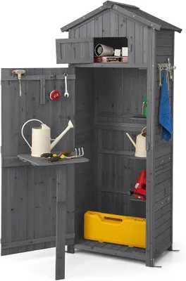 Imagen del producto de Armario de jardín de madera, cobertizo resistente a la intemperie, cobertizo para herramientas con mesa plegable, puerta y 8 ganchos, cobertizo de madera con techo a dos aguas, armario para herramientas, cobertizo de jardín, para jardín, terraza o patio (gris)