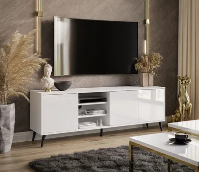 Produktbild von SANAYI RTV Schrank auf Beinen mit Ablagen weiß glänzend Weiß / Weiß hochglanz Schwarze Metallbeine