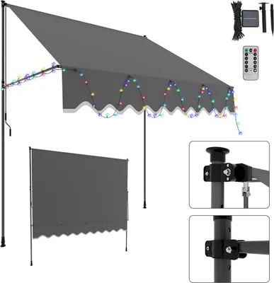 Zdjęcie produktu dla Markiza zaciskowa Clanmacy z oświetleniem LED – montaż bez wiercenia, z regulacją wysokości, markiza balkonowa, markiza przeciwsłoneczna, balkon 200 cm, kolor szary