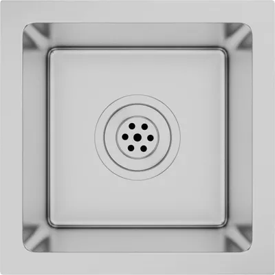 A top-down view of a stainless steel sink with a drain.