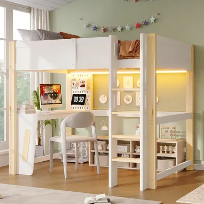 Produktbild von Flieks Etagenbett 140x200cm mit Schreibtisch und Lochwand, Kinderbett Hochbett mit Led und Leiter, Stockbett Holzbett mit Rausfallschutz, Weiß