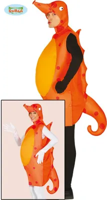 A person wearing a seahorse costume, with a smaller inset image of another person in the same costume.