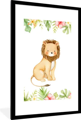 Produktbild von MuchoWow® MuchoWow® Gerahmtes Poster Löwe - Dschungel - Blumen - Blätter 60x90 cm - Poster mit zchwarzem Bilderrahmen - Dekoration - Wandposter Wohnzimmer - Hochwertig