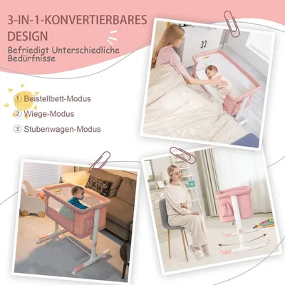 Produktbild von 3-in-1 verstellbares Babybettchen & Beistellbett, Rosa