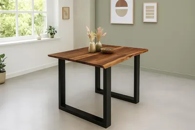 Produktbild von Esstisch Baumkante 90 x 90 cm massiv Akazie nussbaum U-Gestell schwarz QUINTUS