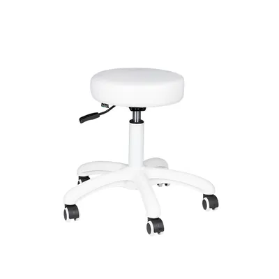 A white adjustable stool with wheels on a white background.