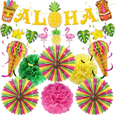 Produktbild von Hawaii Party Deko Set 16-teilig - Tropische Sommer Beach Gartenparty & Flamingo Dekoration