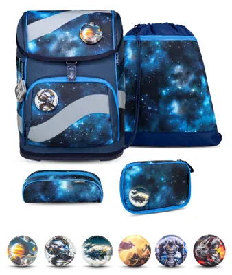 Produktbild von Belmil Smarty ergonomisches Schulranzen Set 5-teilig "Stars" mit Brustgurt, Hüftgurt, Magnetverschluss, Patch Set 6 Stück