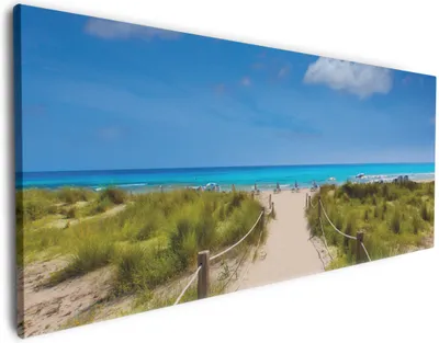 Produktbild von Wallario Premium Leinwandbild Sandweg zum blauen Meer mit blauem Himmel in Größe 50 x 125 cm