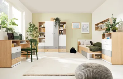 Produktbild von Kinderzimmer Set in Eiche mit weiß und grau PINETO-133, 7-teilig, inkl. 90x200cm Bett