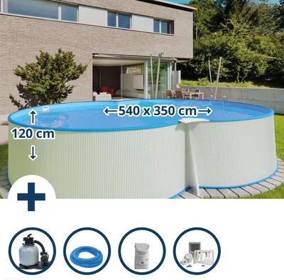 Produktbild von Stahlwandpool Set (5-teilig) achtform Malta 540x350x120 cm, Stahl 0,4 mm weiß Folie 0,4 mm blau, Einhängebiese