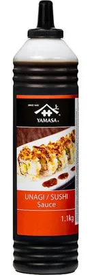 A bottle of Unagi Sushi Sauce with a picture of sushi on the label.