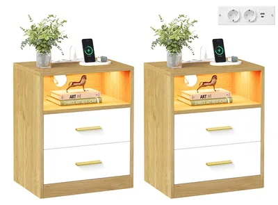 Produktbild von VASAGLE Nachttisch mit Ladestation, 2er Set, LED-Beleuchtung, Schubladen