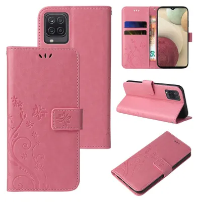 A collage of images showing a pink floral butterfly embossed flip phone case for a Samsung Galaxy A12.