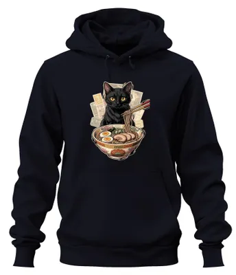 Immagine prodotto di Felpa con cappuccio a tema "Schwarze Katze Ramen", con immagini di noodles giapponesi, stile anime, kawaii e manga, colore blu navy, taglia 3XL