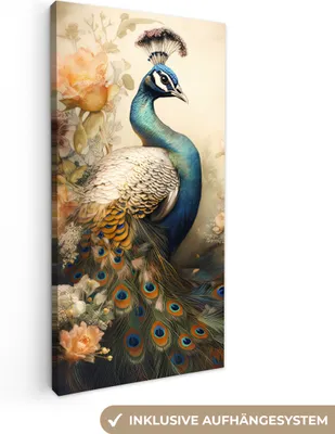 Produktbild von MuchoWow® - Leinwandbilder - Pfau - Pfauenfedern - Blumen - Botanisch, Wandbild, Wanddeko Bilder Wohnzimmer, 20x40 cm