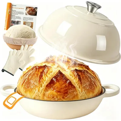 Productafbeelding van Gusseisen braadpan/ovenpan 5,7 liter met gistmand, emaille braadpan/ovenpan 26 cm voor zuurdesembrood, witte braadpan/ovenpan