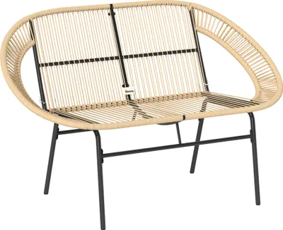 A product shot of a two-seater garden bench made of rattan and metal.