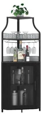 Image de Armoire à vin d'angle - Meuble bar - Étagère à vin amovible - Porte coulissante de style rustique - Étagères réglables - Bois avec cadre métallique - Noir