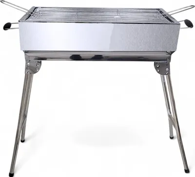 A stainless steel barbecue grill with folding legs, shown from the front on a white background.