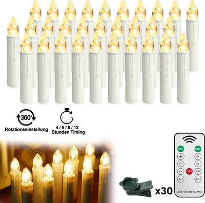 Obrázek produktu pro XMTECH 30x LED svíčky na vánoční stromek bezdrátové s časovačem dálkové ovládání blikání stmívatelné svíčky na vánoční stromek vánoční svíčky, teplá bílá