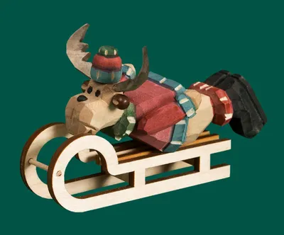 Produktbild von Holzfigur Elch auf Schlitten geschnitzt Höhe 9cm NEU