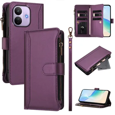 Obrázek produktu pro Pouzdro pro Xiaomi Redmi Note 17 Pro 5G, zipem, peněženkovéPolyuretankožené flip pouzdro s kapsami na karty, stojánkem a poutkem na ruku Fialová