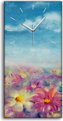 Produktbild von Leinwand Uhr Küche Wohnzimmer Bild 30x60 Gemälde Blumen Feld Wiese Himmel Kunst - weiße Hände