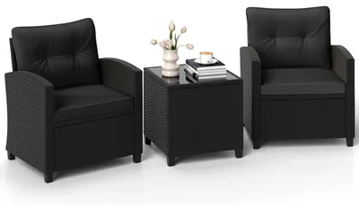 Immagine prodotto di Set da giardino KOMFOTTEU, composto da: 2 poltrone in rattan sintetico, 1 tavolo da giardino in rattan sintetico, divano e tavolino in vetro temperato. Set di sedute con cuscini removibili, ideale per terrazzi, balconi e giardini