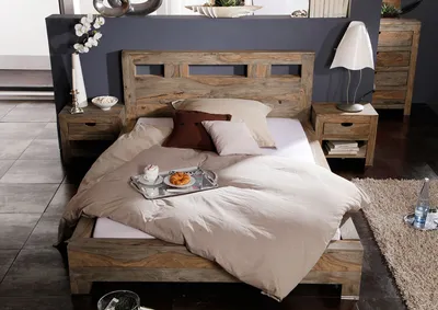 Produktbild von MASSIVMOEBEL24 Bett Sheesham 180x200x90 grau geölt NATURE GREY #202