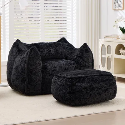Immagine prodotto di Poltrona sacco gigante per adulti e bambini, in ecopelliccia, con cuscino e poggiapiedi, ideale per leggere e giocare