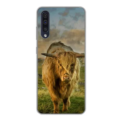 Produktbild von MuchoWow® Handyhülle Schutzhülle Hülle für Samsung Galaxy A30s Schottischer Highlander - Gras - Berg Silikon Softcase Handy Hülle - Karteninhaber