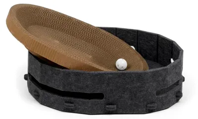 Produktbild von Katzen Kratzbett 43×34×11 cm mit Liegekuhle – schützt Möbel vor Krallen, stabile Pappe, rutschfest, Katzenzubehör – Grau