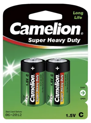A blister pack of two Camelion C batteries on a green background with brand logo and product details.