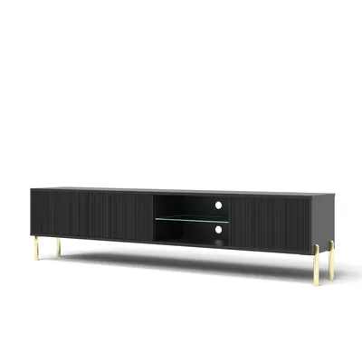 Produktbild von TV-Lowboard Schwarz 175 cm Diva – Lamellenfront, goldene Beine, 2 Schränke & Glasablage